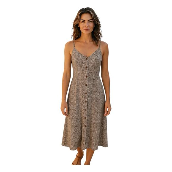 Sienna Sky Cheetah Print Midi Dress Tan Black Button Front Slit Strappy S - Picture 1 of 8